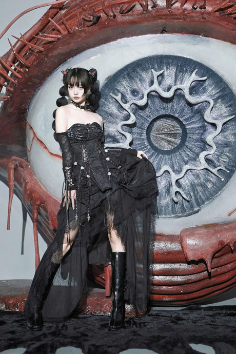 Pure Black Gothic Black Skeleton Hands Laced Corset Top