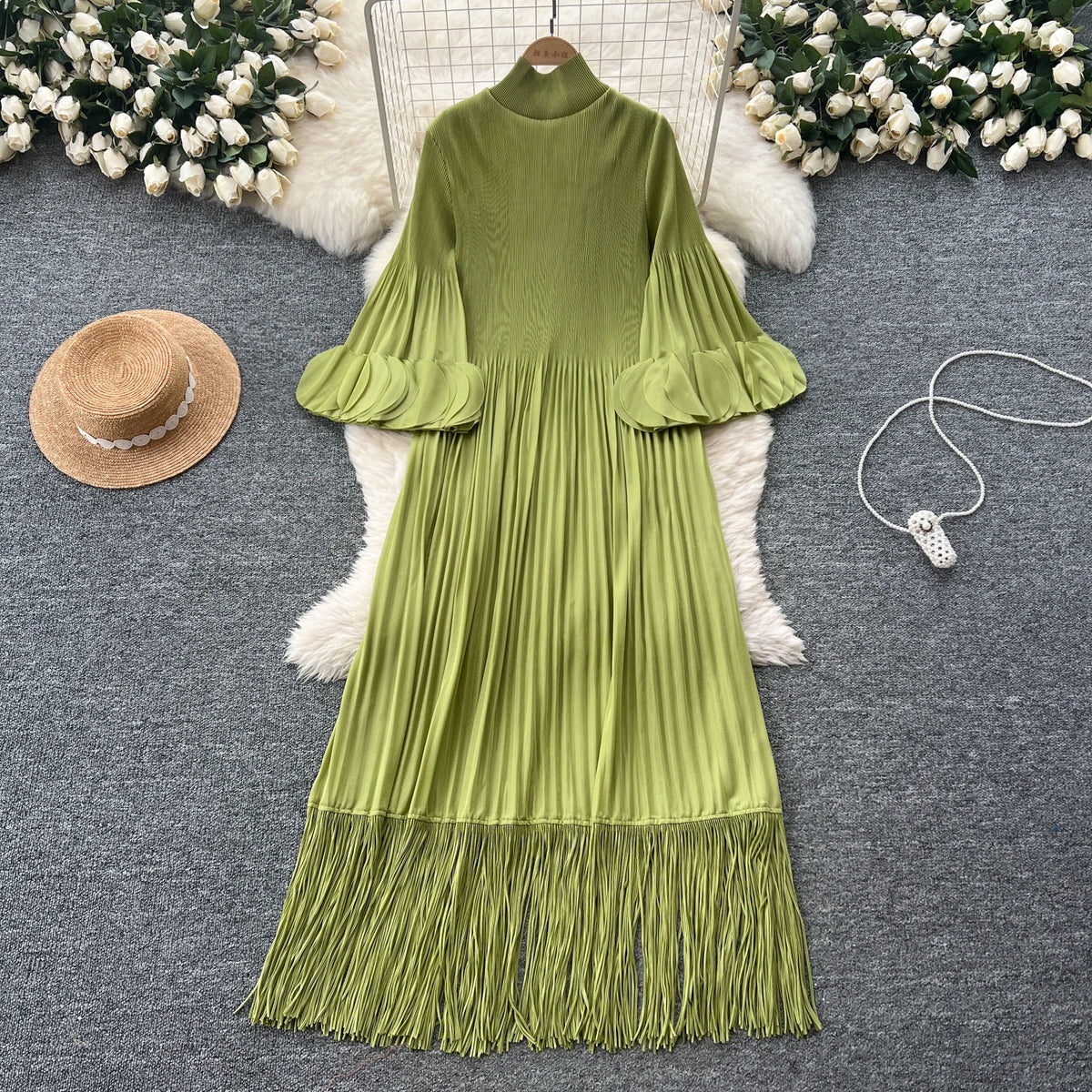 Petal Sleeves Pleated Tassel Dress Eight Colours