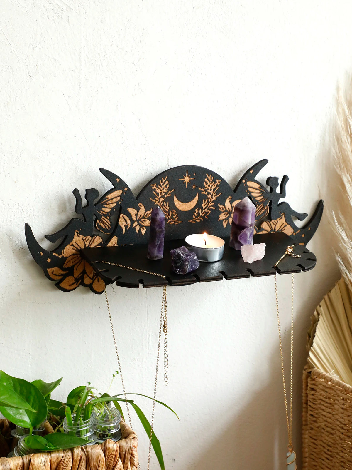 Moon Fairy Flowers Wooden Crystal Floating Shelf Jewellery Display