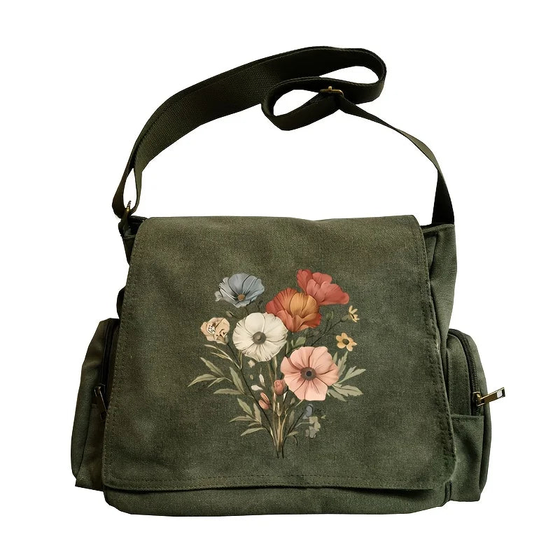 Poppies Print Canvas Shoulder Bag Crossbody Messenger Bag