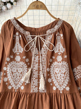 Georgia's Embroidered Boho Cotton Linen Long Sleeves Mini Dress