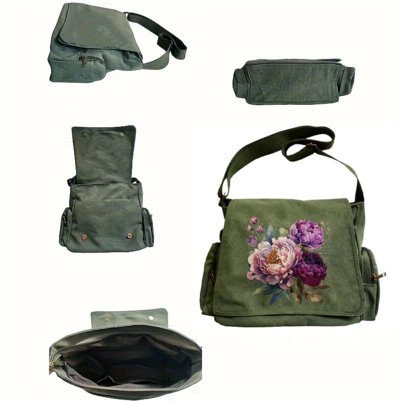 Purple Blooms Print Canvas Shoulder Bag Crossbody Messenger Bag