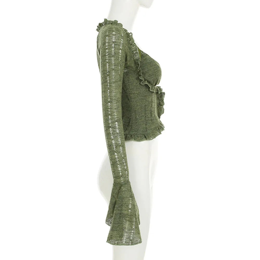 Y2k Dark Green Long Sleeved Ruffle Top Matching Skirt Goblincore
