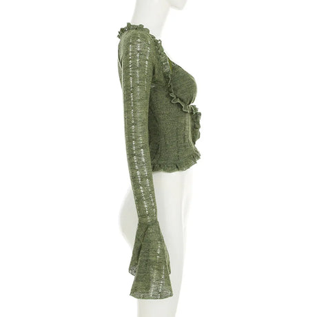 Y2k Dark Green Long Sleeved Ruffle Top Matching Skirt Goblincore
