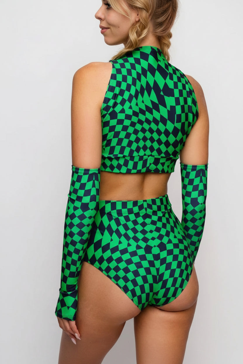 Roller Derby Performance Outfit Women High Neck Crop Set Rave Party Clubwear Printed Bodycon Set