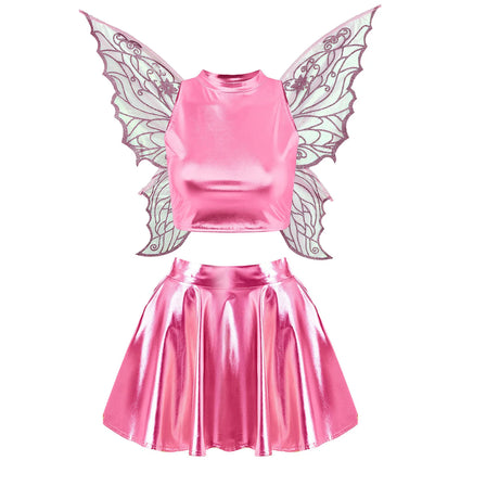 Festival Fairy Cosplay Costume Sleeveless Crop Top, High Waist Flared Skirt And Butterfly Wings Set