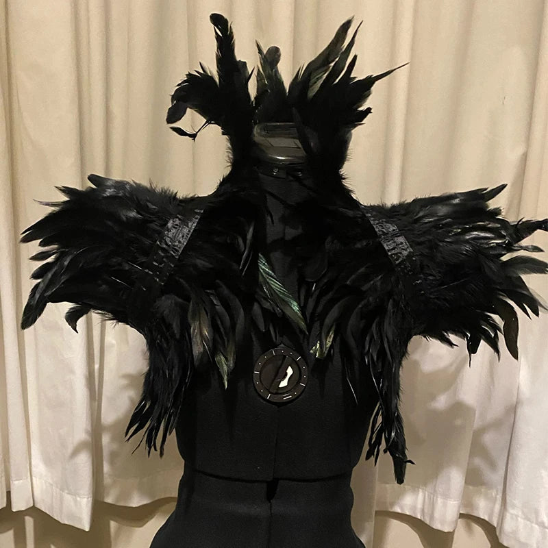 Black Rooster Feather Shrug Gothic Collar with Ribbon Ties