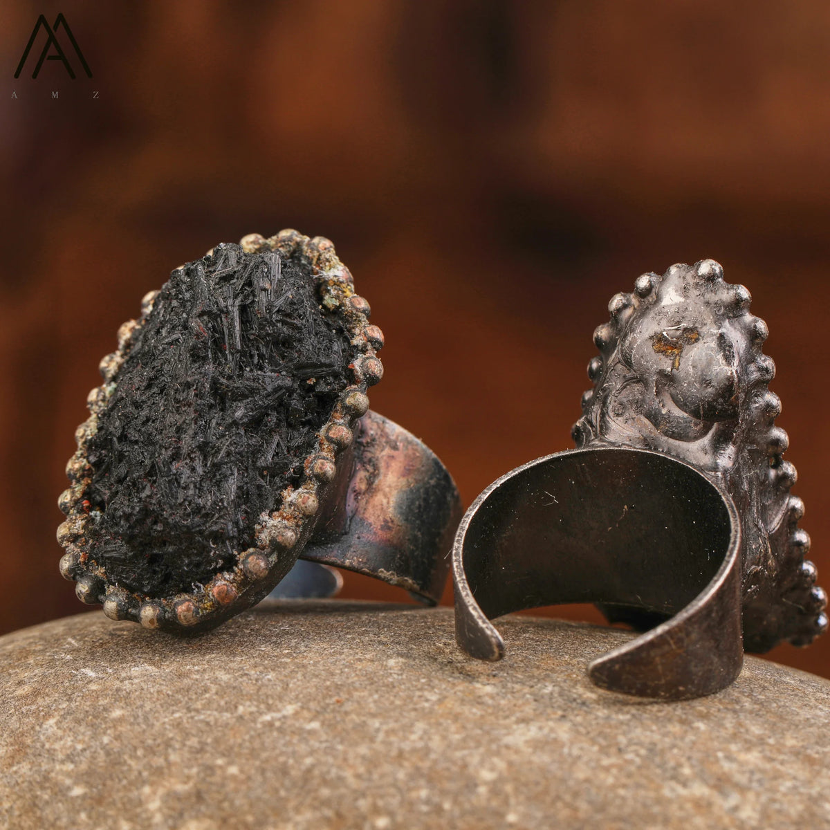 Raw Black Tourmaline Brutalist Copper Rings