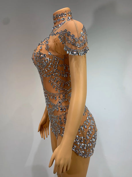 Sparkly Rhinestones Bodysuit Transparent Mesh Performance Dance Costume Stage Wear