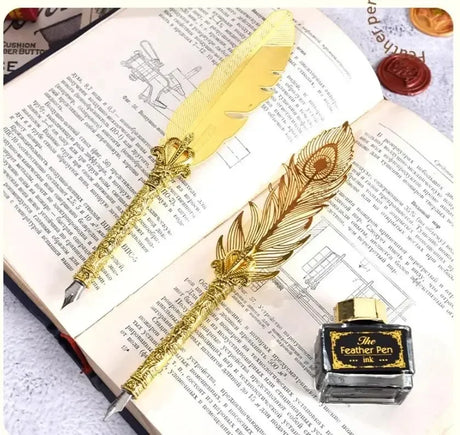 Golden Feather Quill Pens Set Dip Fountain Pens Ink Stationery Writing Gift Box Sets