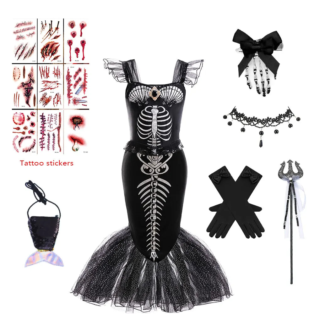 Halloween Mermaid Skeleton Costume Sets Gothic Girls Black Dress