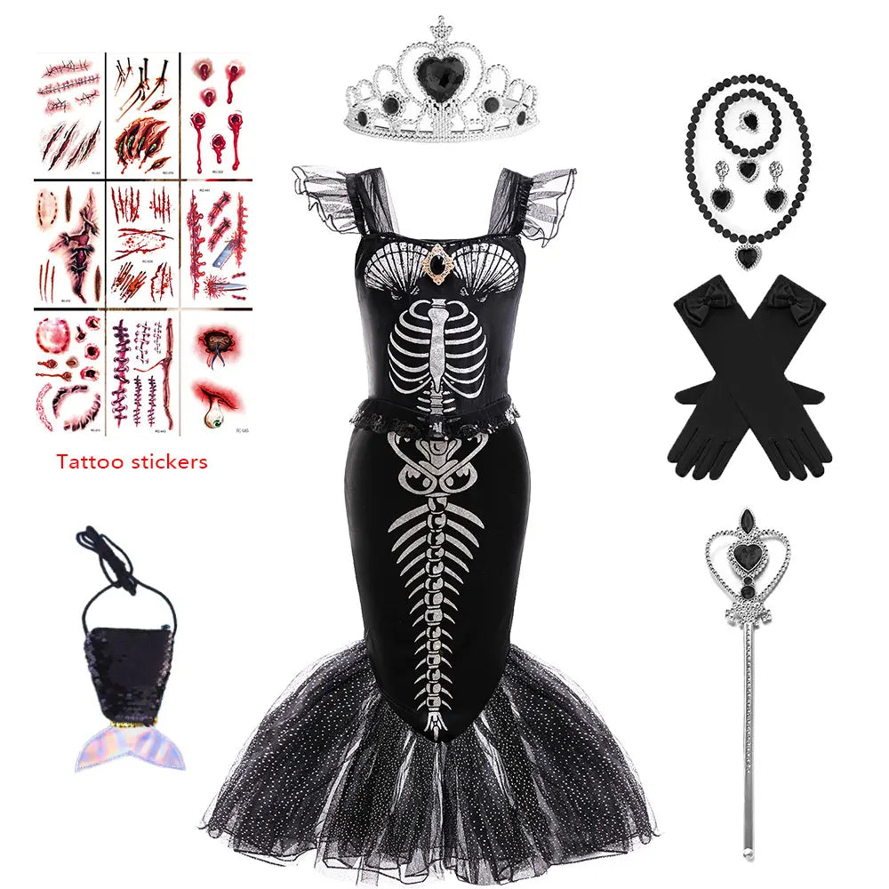 Halloween Mermaid Skeleton Costume Sets Gothic Girls Black Dress