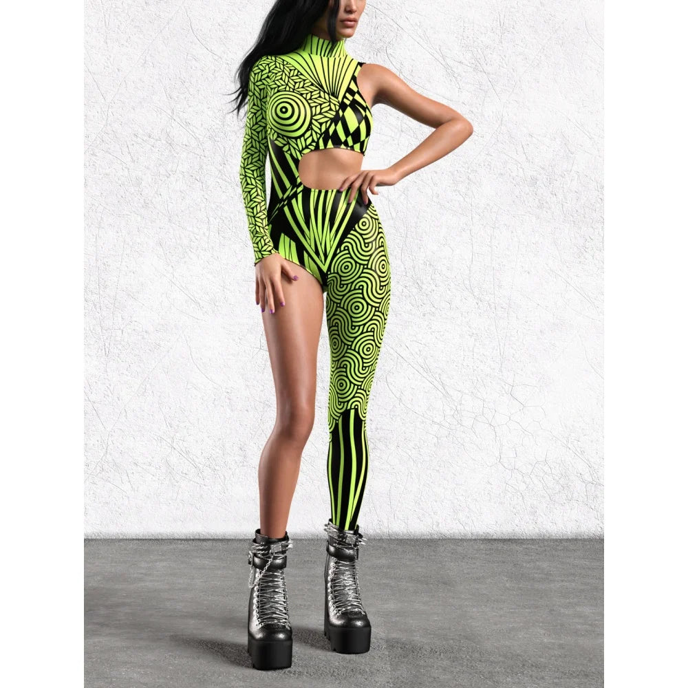 Asymmetrical Women Cyberpunk  Bodysuit Costume Colourful Jumpsuit Cosplay Halloween Party Performance Suit