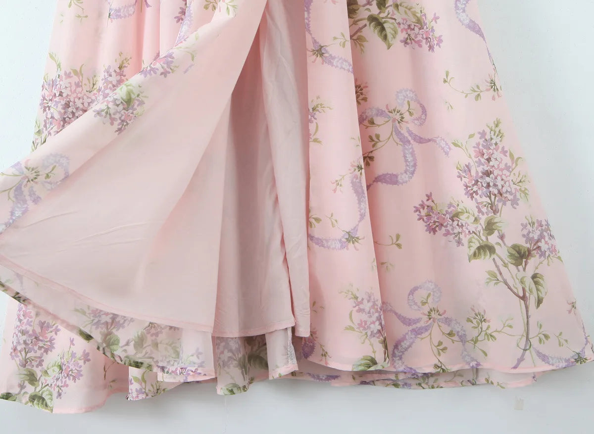Ceony's Pink Floral Backless Halter Neck Dress
