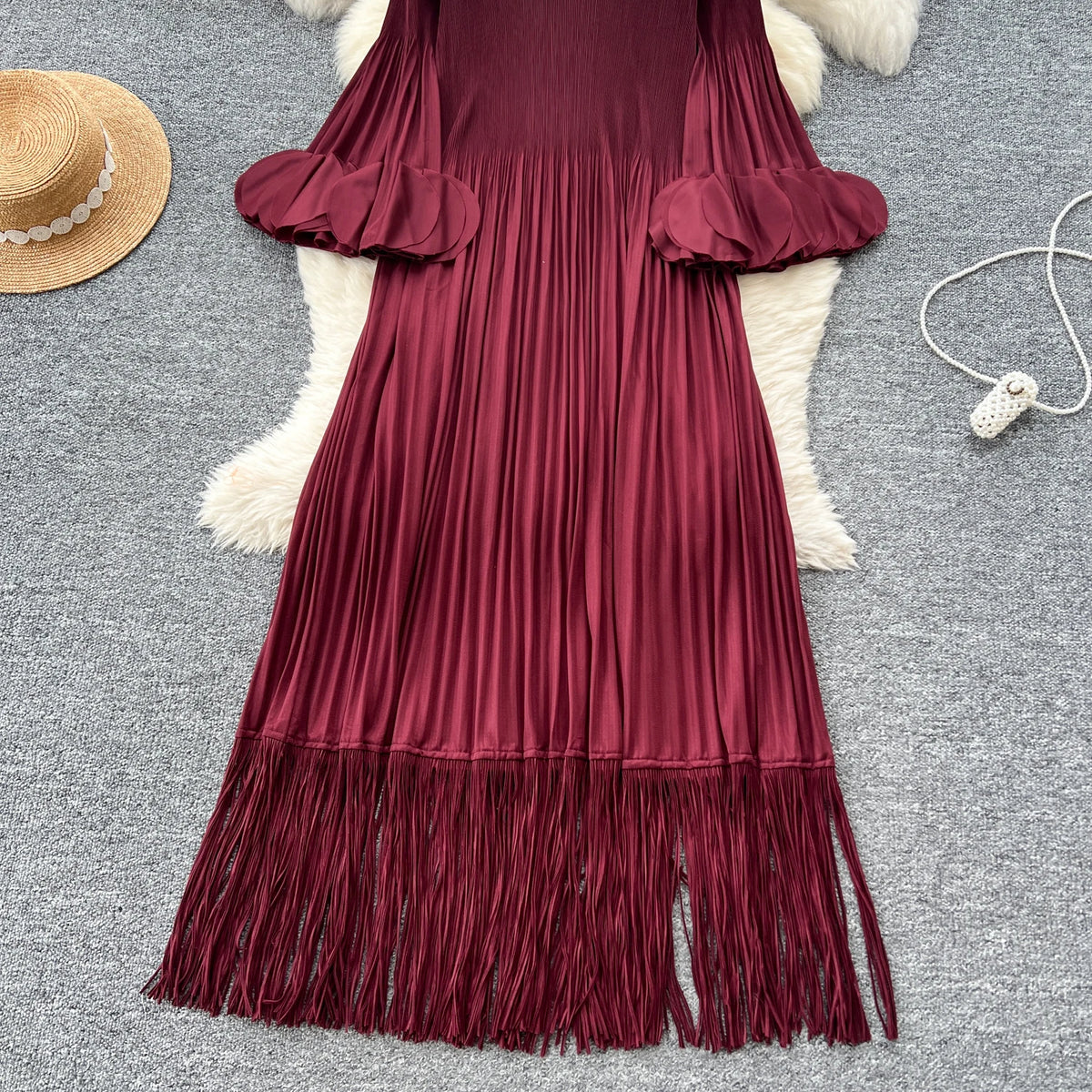 Petal Sleeves Pleated Tassel Dress Eight Colours