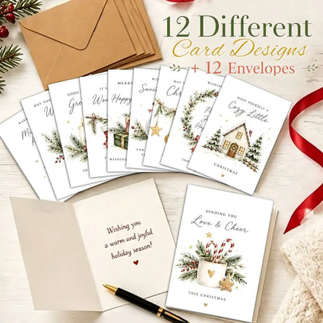 Pack of 12 Christmas Greeting Cards Twelve Different Watercolour Rustic Designs