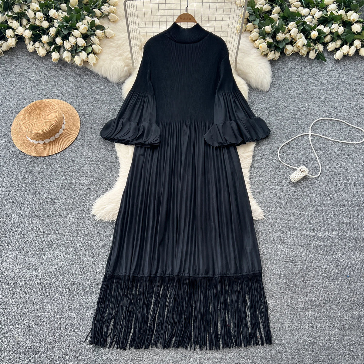 Petal Sleeves Pleated Tassel Dress Eight Colours