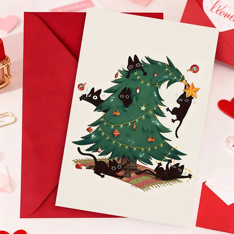 Christmas Card Mischievous Black Cat Climbing Xmas Tree