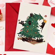 Christmas Card Mischievous Black Cat Climbing Xmas Tree