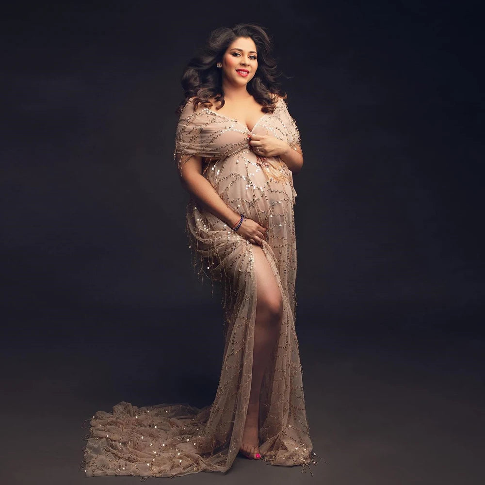 Champagne Gatsby Tulle Maternity Gown Photoshoot Dress