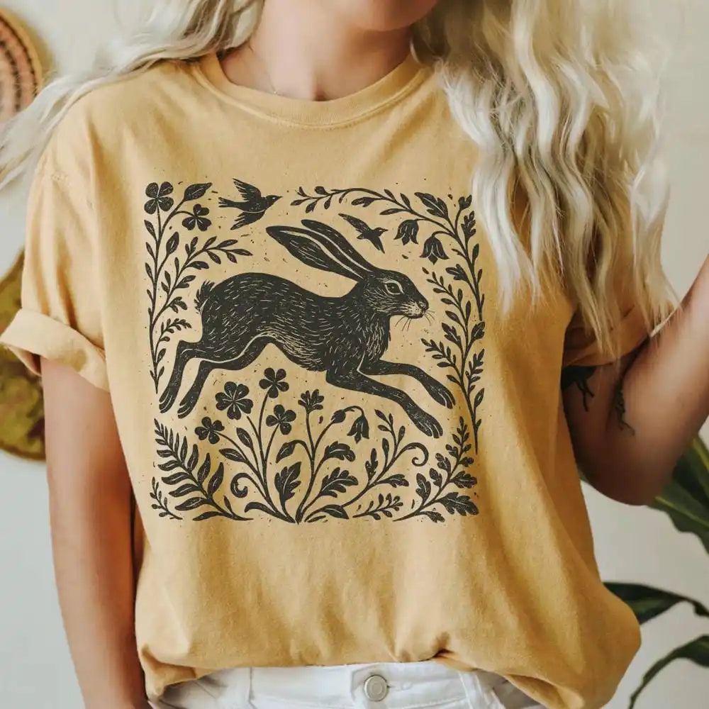 Wild Hare Linoprint T-Shirt Folk Art Forest Animal Naturecore Tee