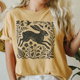 Wild Hare Linoprint T-Shirt Folk Art Forest Animal Naturecore Tee