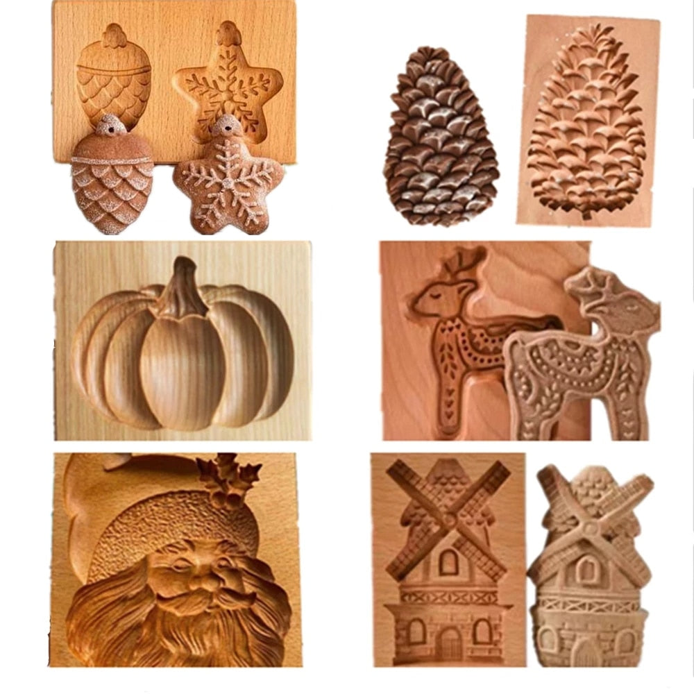 Easter Christmas Wooden Cookie Mould Gingerbread Embossing Stamp Baking Tools