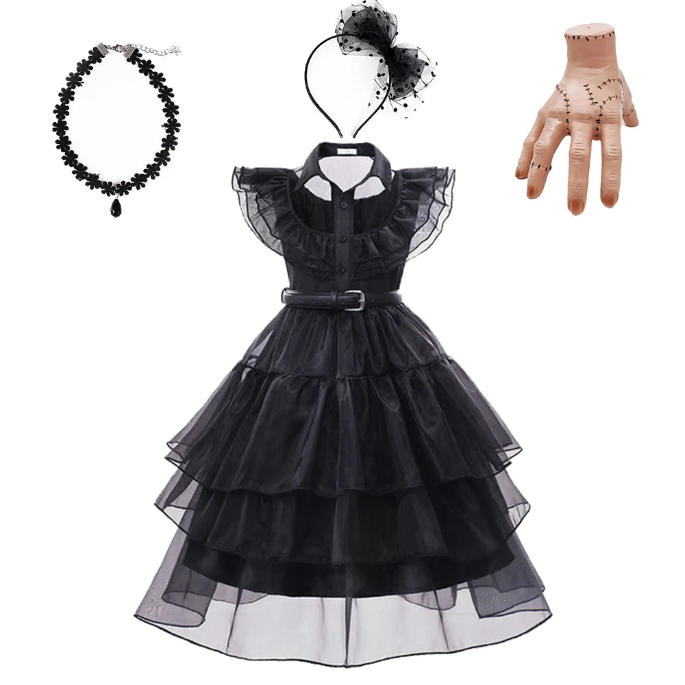 Wednesday Addams Cosplay Costume Girls Black Gothic Dress Sets
