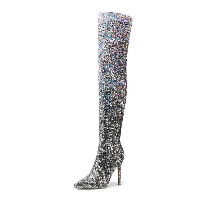 Galaxy Thigh High Boots Gradient Sequin Stretch Boots 11CM Heels