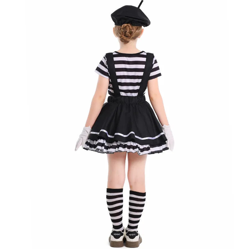 French Mime Pantomime Actor Clown Halloween Girls Stage Performance Costume Outfits Top+Strappy skirt+Hat+Gloves