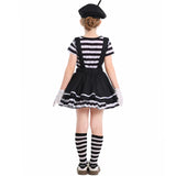 French Mime Pantomime Actor Clown Halloween Girls Stage Performance Costume Outfits Top+Strappy skirt+Hat+Gloves