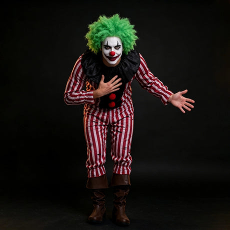 Men's Striped Clown Costume Vintage Circus Joker Cosplay Suits Long Sleeve Tops and Pants Set Halloween Carnivals Outfits