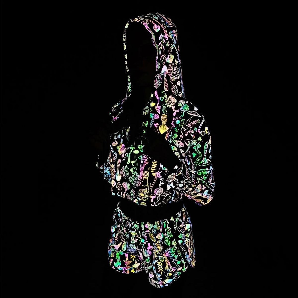 Reflective Mushroom Print Shorts Cropped Hoodie