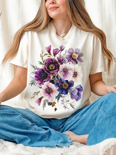 Vintage Pressed Flowers T-Shirt Cottagecore Botanical Purple Floral Cotton Tee