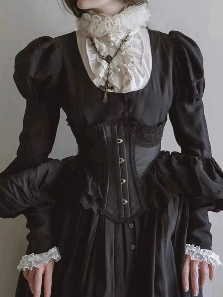 Lolita Lace Up Boned Waist Trainer Stage Costume Victorian Lace Ruffles