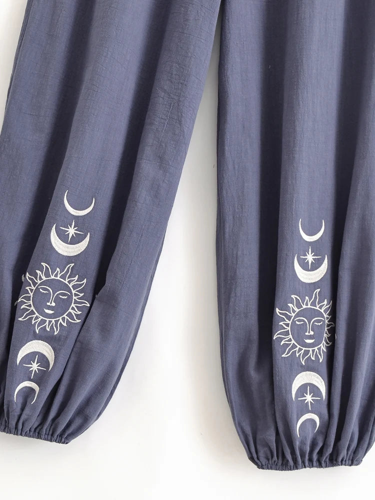 Sun Moon Embroidered Linen Cotton Baggy Pants Side Pockets Loose Yoga Wear