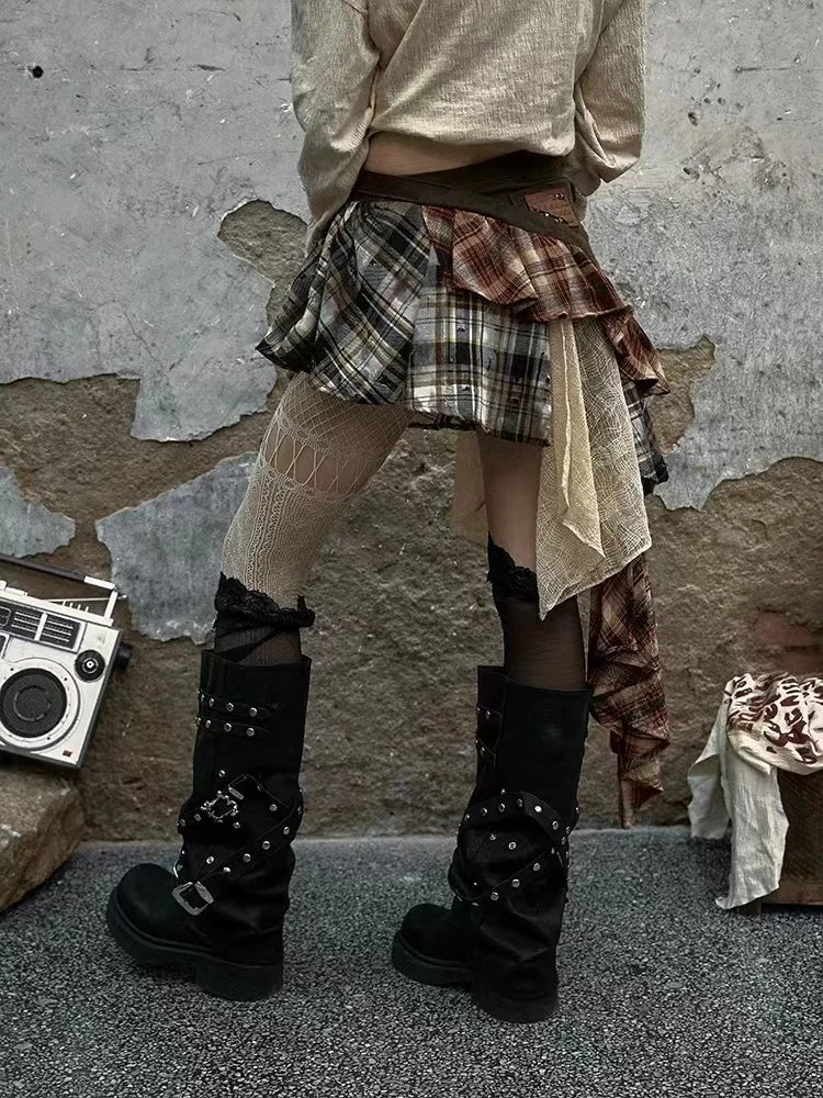 Goblincore Layered Plaid Skirt Y2K Irregular Mini Skirt