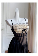 Justine's French Black Lace Sling Spliced Ruffles Bandage Backless Dress