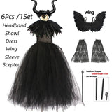 Girls Maleficent Black Tutu Halloween Costume with Feather Shawl