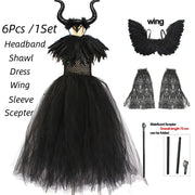 Girls Maleficent Black Tutu Halloween Costume with Feather Shawl