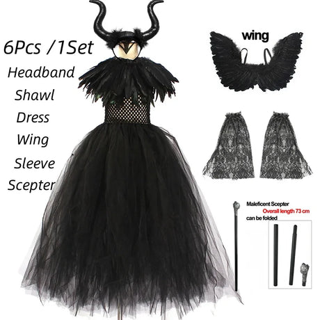 Girls Maleficent Black Tutu Halloween Costume with Feather Shawl