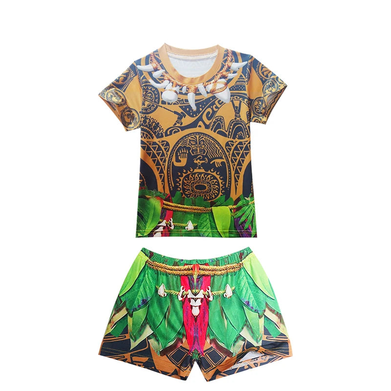 Maui Kids Cosplay 2Pcs Print Moana Boys Swimsuits Top and Shorts Children's Swimwear Book Week Costumes