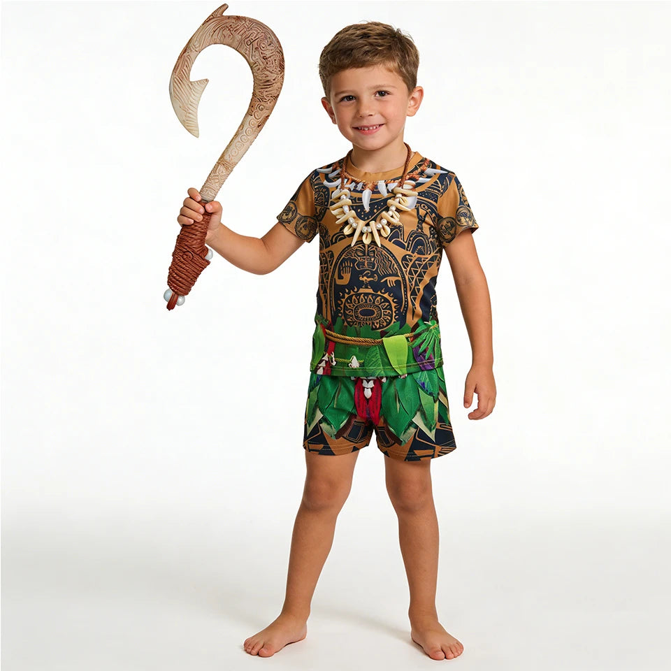 Maui Kids Cosplay 2Pcs Print Moana Boys Swimsuits Top and Shorts Children's Swimwear Book Week Costumes
