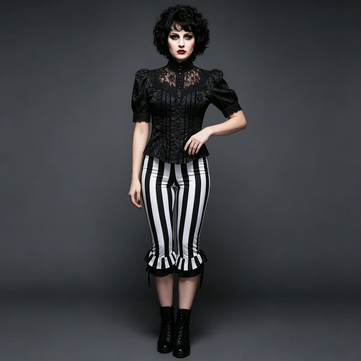 Women’s Black White Striped Capri Pants Slim Fit Bell Bottom Leggings Performance Wear Halloween Costumes