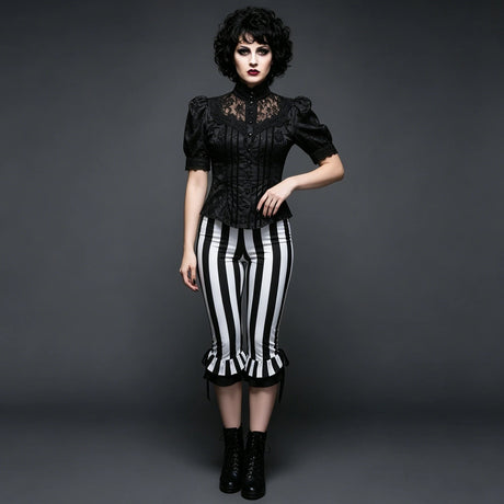 Women’s Black White Striped Capri Pants Slim Fit Bell Bottom Leggings Performance Wear Halloween Costumes
