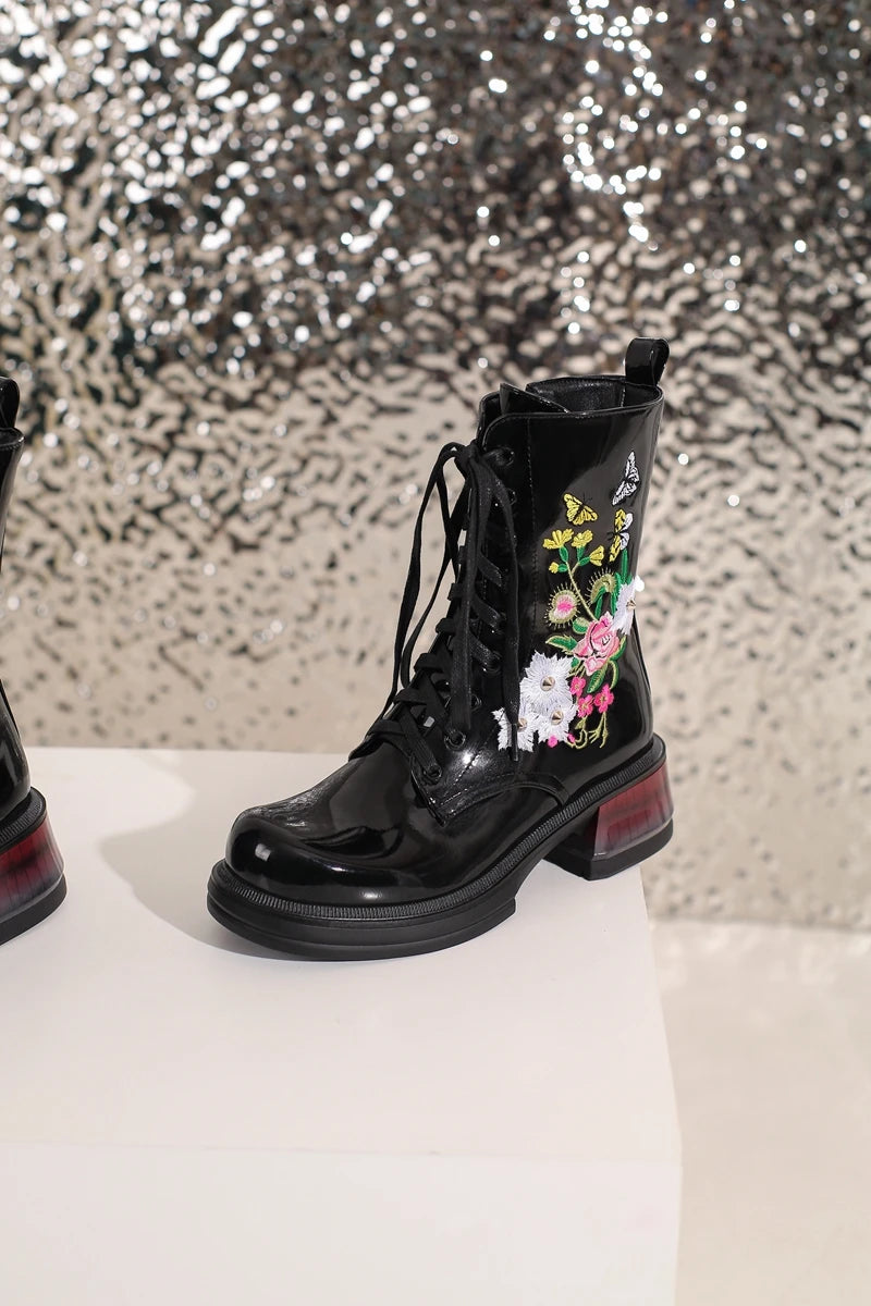 Wildflower Embroidery Lace Up Ankle Boots Black Platform Chunky Heels Large Sizes