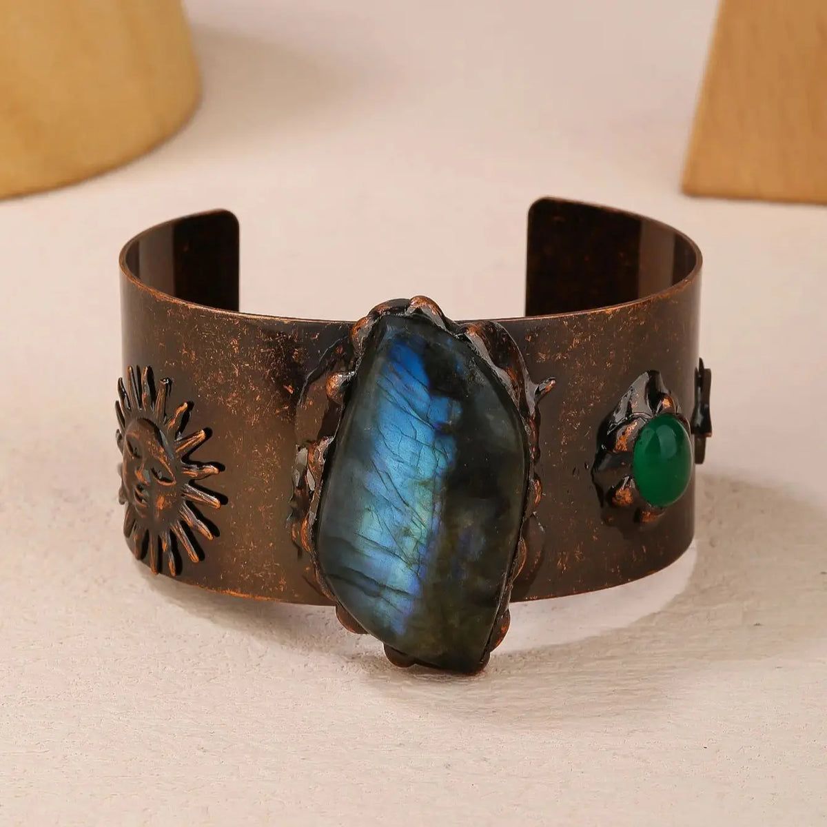 Medieval Cosplay Labradorite Stone Wrist Cuff Bangle Copper Plating Adjustable Bracelet