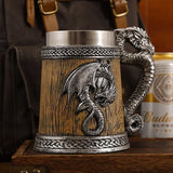 Dragon Beer Mug Coffee Cup Stainless Steel Resin Wooden Barrel Drinkware 600ml
