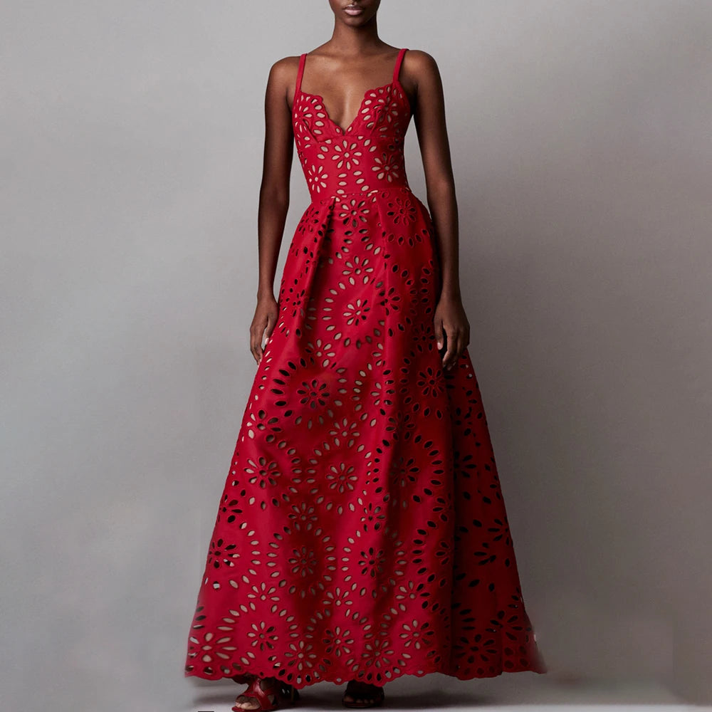 Red Flower Hollow Lace Swimsuit Skirt Resort Wear