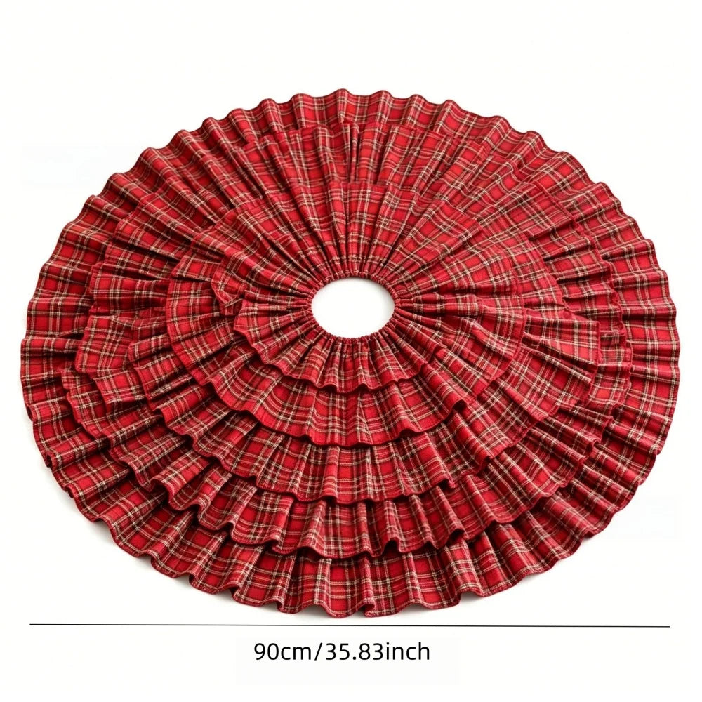 90cm Scottish Christmas Plaid Tree Skirt Ruffle Cake Style
